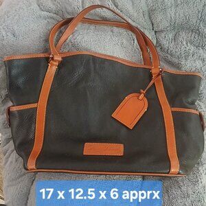 Dooney & Bourke black pebble grain shoulder bag with tan leather accents, straps